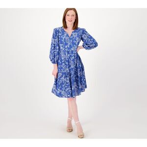 Susan Graver Women's Petite Dress PXL Passport Printed Woven  Blue A600427